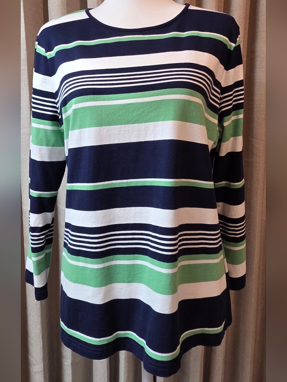 Chaps Navy, White & Green Striped Long Sleeve Crewneck Top - Size XL